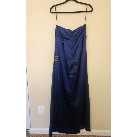 Lulus Dark Blue Satin Strapless Pleated Bust Maxi Gown Dress Medium NWT - Picture 7 of 9